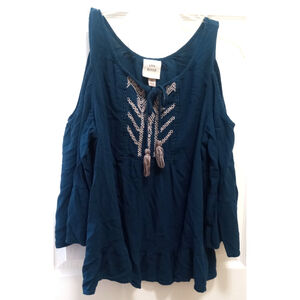 Knox Rose Top Womens Sz XL Embroidered Tasseled Tie Neck Boho Peasant Festival